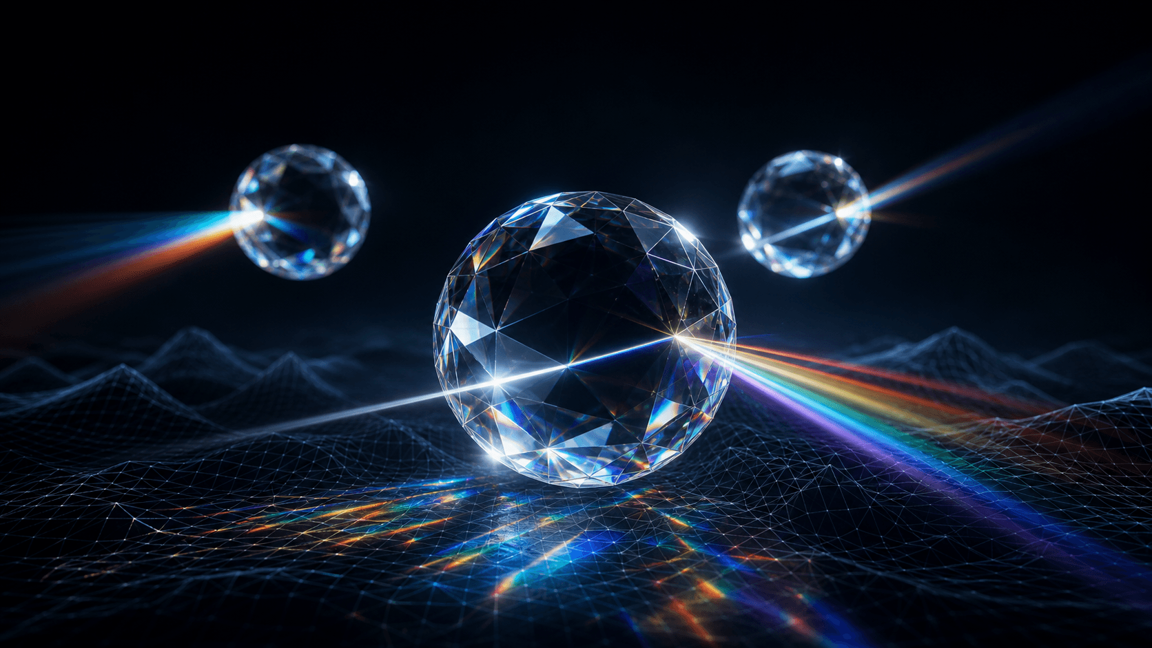 Three floating prismatic glass orbs refracting spectral light over a dark wireframe landscape